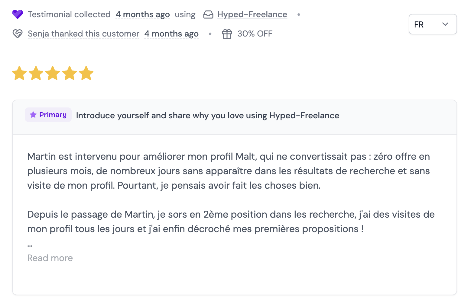 Témoignage 5 étoiles de Mehdi recueilli sur Senja : son profil Malt ne convertissait pas, zéro offre en plusieurs mois et aucune visite. Depuis la refonte par Martin, il sort en 2ème position dans les recherches, reçoit des visites tous les jours et a décroché ses premières propositions.